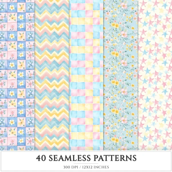 Spring Promenade Seamless Patterns, Spring JPEG, Cherry blossoms pattern, daisies, tulips, Floral repeating pattern, Digital scrapbook paper