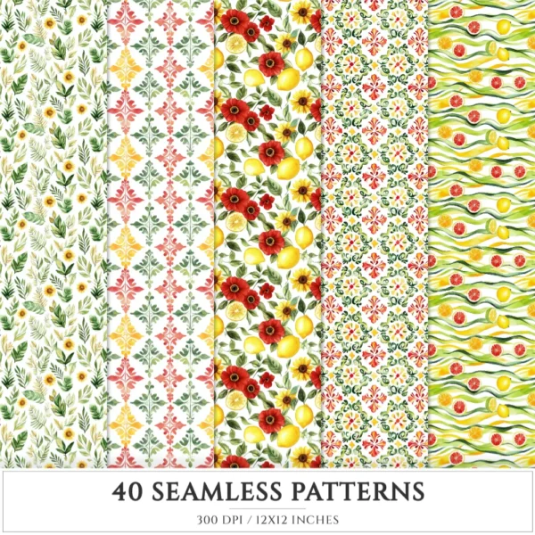 Italian Vibes Seamless Patterns, Mediterranean summer JPEG, Lemon motifs pattern, Italian tiles repeating pattern, Digital scrapbook paper