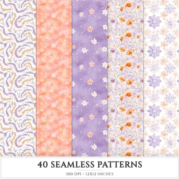 Spring Awakening Seamless Patterns, Whimsical spring JPEG, Floral pattern, Lavender, Spring meadow repeating pattern,Digital scrapbook paper