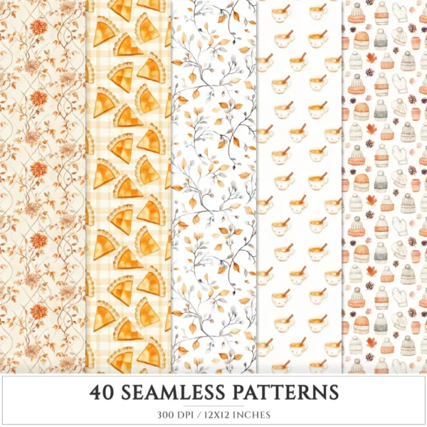 Autumn Planner Seamless Patterns, Cozy autumn JPEG, Maple leaves pattern, Acorns, Plaid, Pumpkins repeating pattern, Digital scrapbook paper