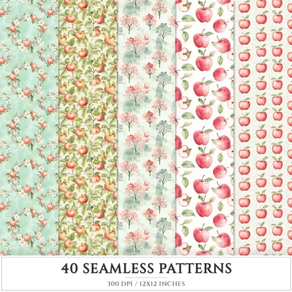 Falling Apples Seamless Patterns, Cozy autumn JPEG, Apples pattern, Pie, Leaves, Apple Gingham repeating pattern, Digital scrapbook paper