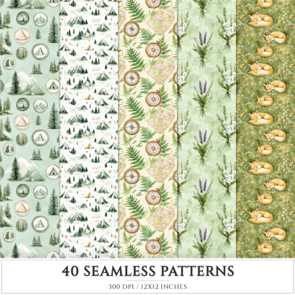 Summer Mountain Seamless Patterns, Mountain flowers JPEG, Pine forest pattern, Meadow, Alpine repeating pattern, Digital scrapbook paper