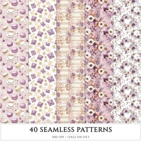 Plum Mood Seamless Patterns, Cozy autumn JPEG, Mushroom pattern, Floral, Plaid, Autumn leaves repeating pattern, Digital scrapbook paper
