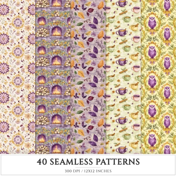 Autumn Notions Seamless Patterns, Artistic autumn JPEG, Pumpkin pattern, Floral, Autumn leaves repeating pattern, Digital scrapbook paper