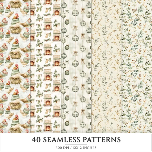 Festive Farmhouse Seamless Patterns, Farmhouse festive JPEG, Snowmen pattern, Plaid, Ornaments repeating pattern, Digital scrapbook paper
