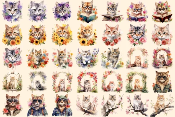 Flower Cats Watercolor Clipart Bundle - 223+ transparent PNG, Charming kitten graphics, Fantasy kitten art, Commercial use, Digital download