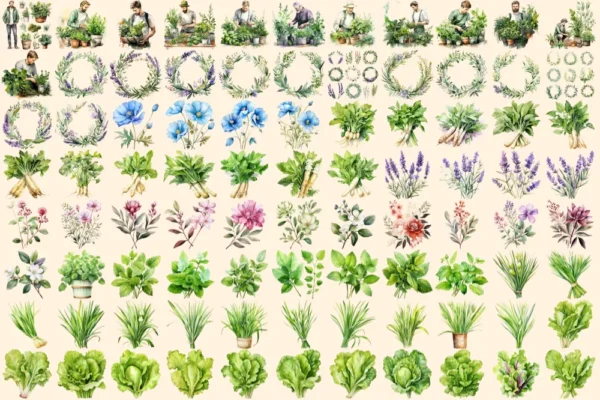 Herbs Watercolor Clipart Bundle - 575+ transparent PNG, Herbal plant graphics, Medicinal culinary images, Commercial use, Digital download