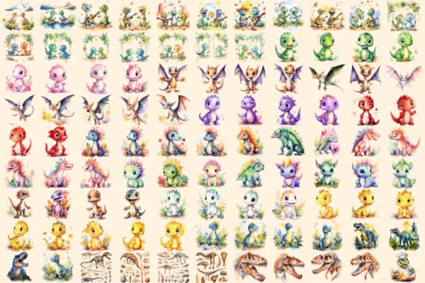 Dinosaurs Watercolor Clipart Bundle - 690+ transparent PNG, Dino graphics, Ancient dinosaur creature png, Commercial use, Digital download