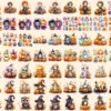 Little Monsters Watercolor Clipart Bundle - 500+ transparent PNG, Eerie graphics, Cute halloween creatures, Commercial use, Digital download