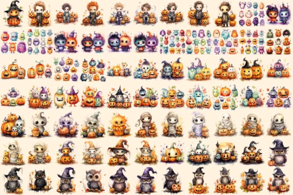 Little Monsters Watercolor Clipart Bundle - 500+ transparent PNG, Eerie graphics, Cute halloween creatures, Commercial use, Digital download