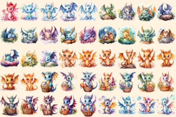 Baby Dragons Watercolor Clipart Bundle - 310+ transparent PNG, Dreamy fairytale images, Charming storybook, Commercial use, Digital download