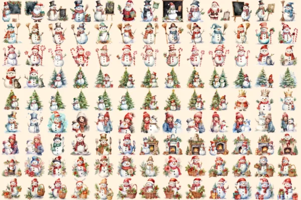 Snowman Watercolor Clipart Bundle - 755+ transparent PNG, Snowman illustrations, Delightful winter snowman, Commercial use, Digital download