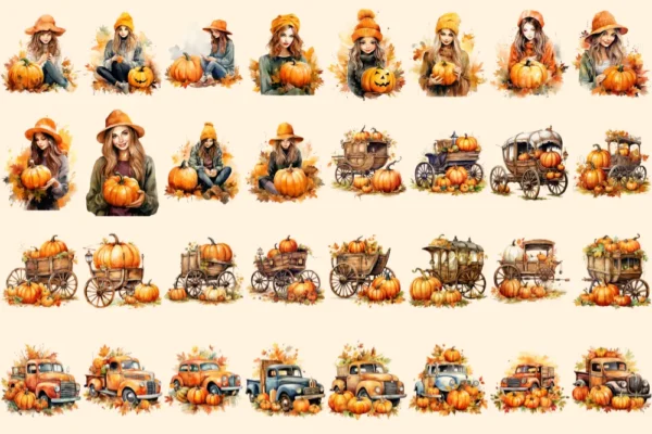 Pumpkin Watercolor Clipart Bundle - 205+ transparent PNG, Autumn pumpkin illustrations, Halloween art png, Commercial use, Digital download