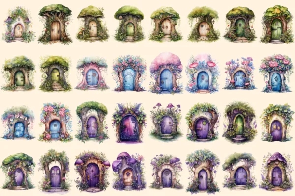 Forest Fairy Doors Watercolor Clipart Bundle - 210+ transparent PNG, Whimsical storybook png, Forest doors, Commercial use, Digital download