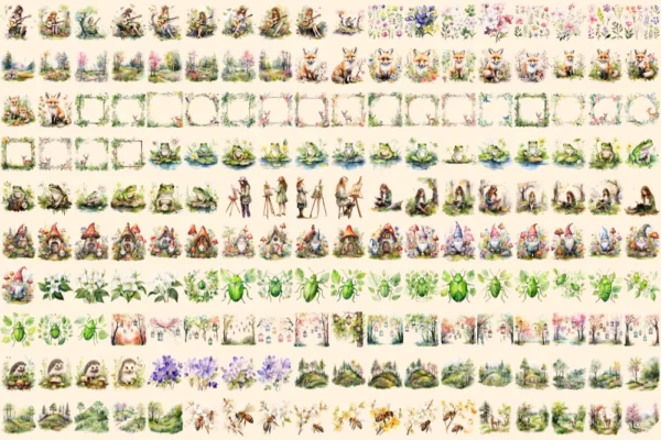 Spring Woodland Watercolor Clipart Bundle - 1185+ transparent PNG, Spring forest graphics, Warm nature png, Commercial use, Digital download