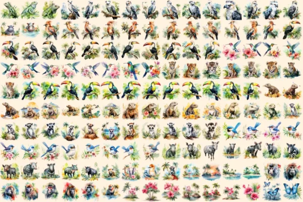 Tropical Animals Watercolor Clipart Bundle - 1030+ transparent PNG, Wild animal illustrations, Jungle png, Commercial use, Digital download