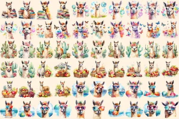 Llamas Watercolor Clipart Bundle - 400+ transparent PNG, Charming alpaca illustrations, Cyte llama images, Commercial use, Digital download