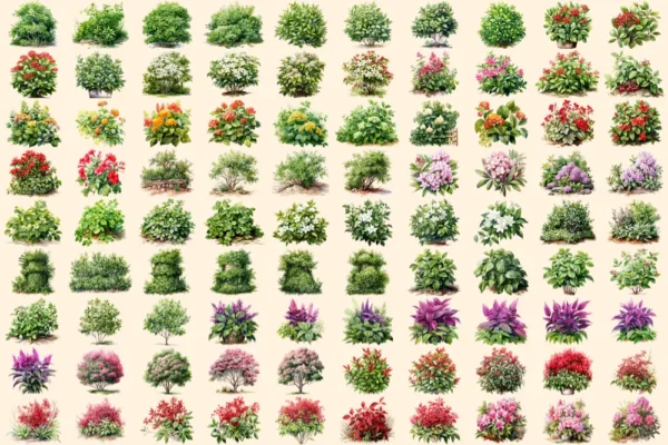 Bushes Watercolor Clipart Bundle - 625+ transparent PNG, Vibrant garden shrub graphics, Lush foliage png, Commercial use, Digital download