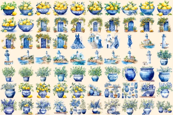 Mediterranean Watercolor Clipart Bundle - 460+ transparent PNG, Bright beach graphics, Olives clipart png, Commercial use, Digital download