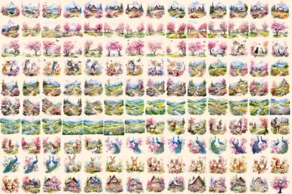 Spring Landscapes Watercolor Clipart Bundle - 927+ transparent PNG, Beautiful landscape images, Nature png, Commercial use, Digital download