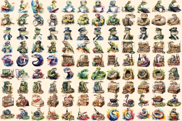 Reptiles Watercolor Clipart Bundle - 705+ transparent PNG, Lizard beast illustrations, Textured reptile png, Commercial use,Digital download