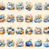 Blue Fall Watercolor Clipart Bundle - 205+ transparent PNG, Autumn harvest graphics, Rustic pumpkin floral, Commercial use, Digital download