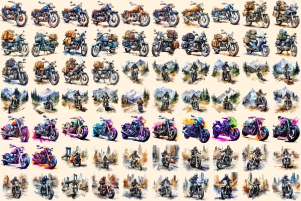 Bikers Watercolor Clipart Bundle - 480+ transparent PNG, Road warrior enthusiast illustrations, Motorbike, Commercial use, Digital download