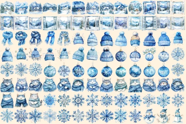 Hello Winter Watercolor Clipart Bundle - 700+ transparent PNG, Cozy winter graphics, Frosty blue holiday, Commercial use, Digital download