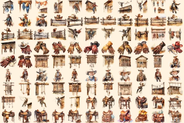 Cowboy Watercolor Clipart Bundle - 650+ transparent PNG, Frontier cowboy illustrations, Wild west rodeo, Commercial use, Digital download