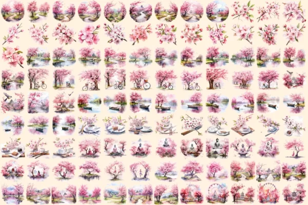 Cherry Blossoms Watercolor Clipart Bundle - 750+ transparent PNG, Japanese flower graphics, Sakura flowers, Commercial use, Digital download