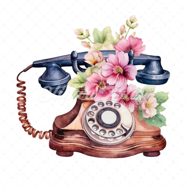 20 High-Quality Antique Floral Telephones Clipart - Telephone digital watercolor JPG instant download for commercial use - Digital download