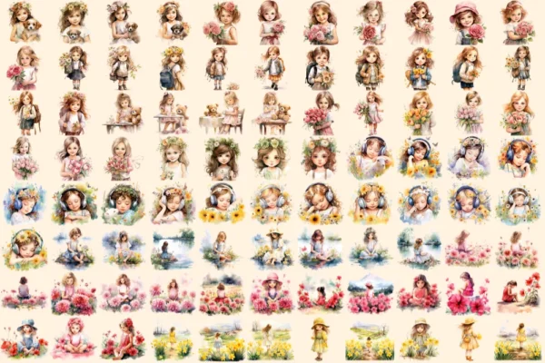 Little Flower Girls Watercolor Clipart Bundle - 590+ transparent PNG, Cute floral girl png, Cute artwork, Commercial use, Digital download