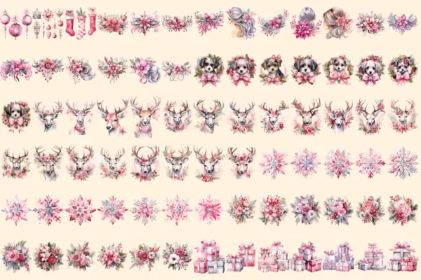 Pink & Silver Christmas Watercolor Clipart Bundle - 503+ transparent PNG, Xmas winter images, Festive png, Commercial use, Digital download