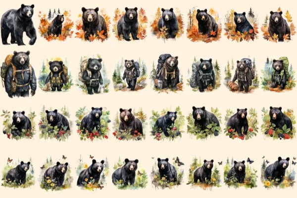 Black Bears Clipart Bundle - 200+ transparent PNG, Woodland creature illustrations, Majestic bear graphics, Commercial use, Digital download