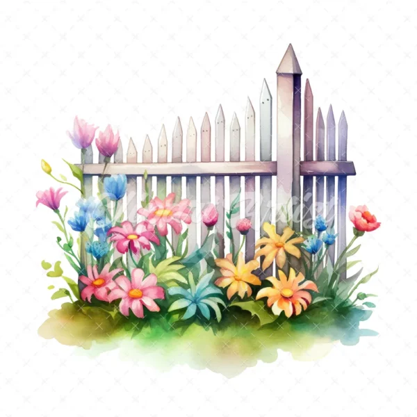 20 High-Quality Picket Fences Clipart - Picket fences digital watercolor JPG instant download for commercial use - Digital download