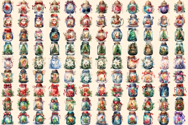 Christmas Magical Jars Watercolor Clipart Bundle - 710+ transparent PNG, Holiday jar png, Festive jar art, Commercial use, Digital download