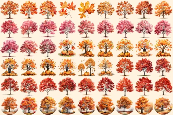 Autumn Trees Watercolor Clipart Bundle - 368+ transparent PNG, Rustic seasonal foliage art, Fall tree png, Commercial use, Digital download