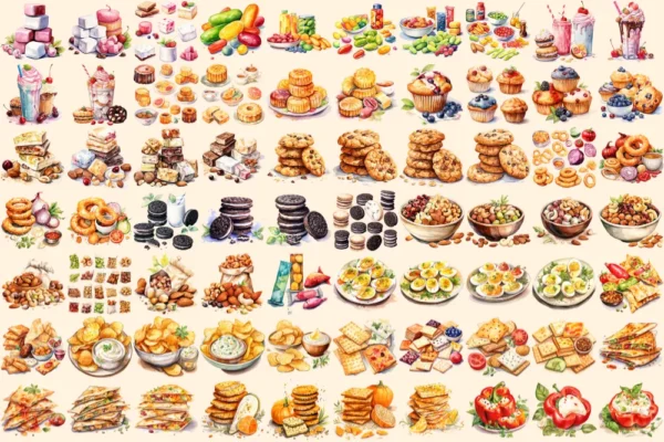 Snacks Watercolor Clipart Bundle - 470+ transparent PNG, Delicious snack variety graphics, Fast food png, Commercial use, Digital download