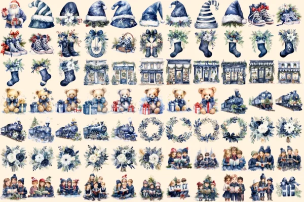 Navy Christmas Watercolor Clipart Bundle - 510+ transparent PNG, Festive decor graphics, Blue holiday png, Commercial use, Digital download