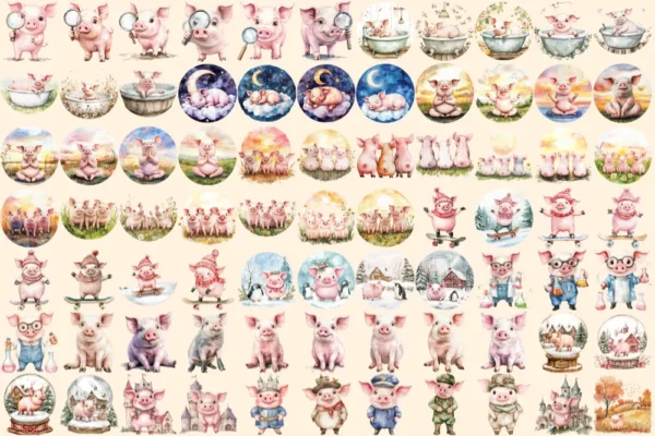 Pigs Watercolor Clipart Bundle - 512+ transparent PNG, Charming pig illustrations, Rustic farm animal art, Commercial use, Digital download