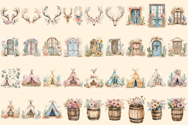 Boho Western Watercolor Clipart Bundle - 240+ transparent PNG, Western desert cowgirl graphics, Boho png, Commercial use, Digital download
