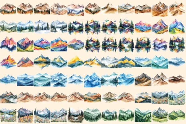 Mountain Landscapes Watercolor Clipart Bundle - 503+ transparent PNG, Majestic mountain images, Alpine png, Commercial use, Digital download