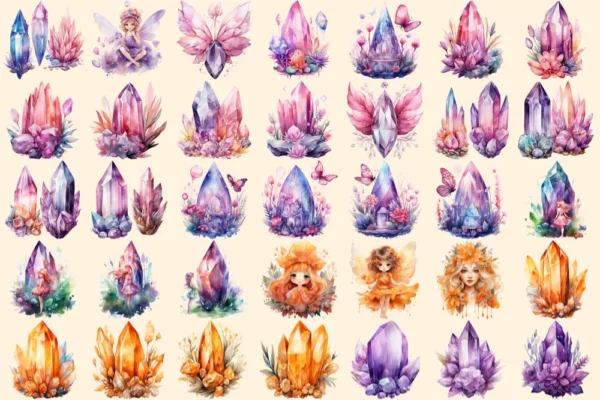 Fairy Crystals Watercolor Clipart Bundle - 220+ transparent PNG, Enchanting fairy images, Cute storybook, Commercial use, Digital download