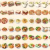 Lunch Foods Watercolor Clipart Bundle - 450+ transparent PNG, Midday feast graphics, Lunchtime meal images, Commercial use, Digital download