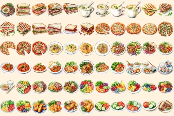Lunch Foods Watercolor Clipart Bundle - 450+ transparent PNG, Midday feast graphics, Lunchtime meal images, Commercial use, Digital download