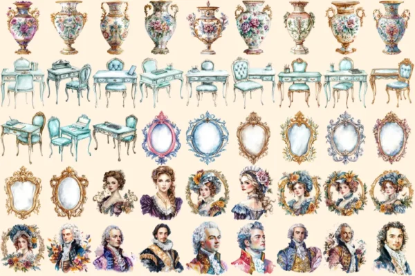 Baroque Era Watercolor Clipart Bundle - 288+ transparent PNG, Elegant baroque graphics, Historical images, Commercial use, Digital download