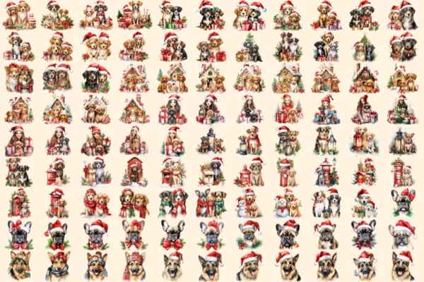 Christmas Dogs Watercolor Clipart Bundle - 680+ transparent PNG, Cozy festive dog graphics, Holiday pup art,Commercial use, Digital download