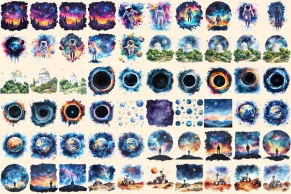 Astronomy Watercolor Clipart Bundle - 400+ transparent PNG, Sky and planet graphics, Celestial starry art, Commercial use, Digital download