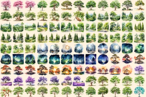 Trees Watercolor Clipart Bundle - 738+ transparent PNG, Scenic tree and landscape graphics, Green nature, Commercial use, Digital download