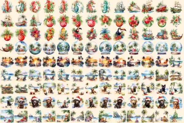 Tropical Christmas Watercolor Clipart Bundle - 790+ transparent PNG, Exotic tropic holiday image,Festive png,Commercial use,Digital download